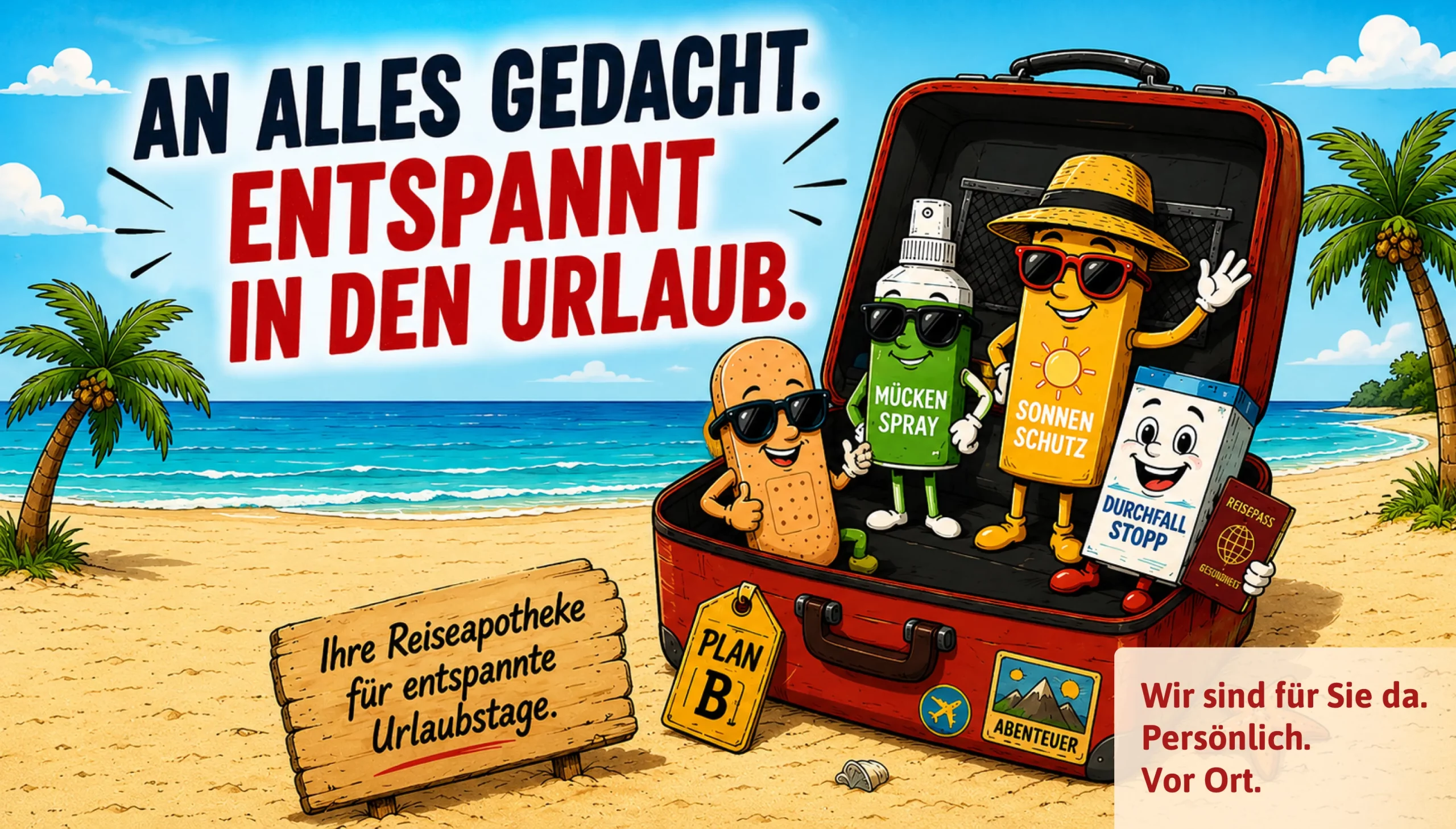 Alles für Ihre Reiseapotheke aus Ihrer Ribbeck Apotheke, dann können Sie entspannt in den Urlaub fahren. Wir sind für Sie da. Persönlich. Vor Ort.