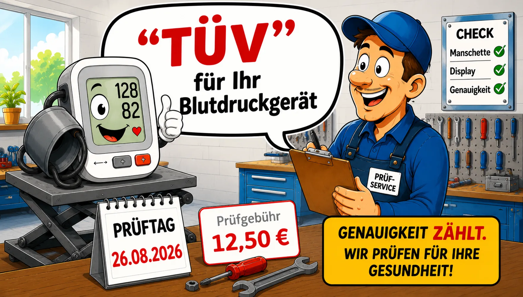 "TÜV" für Ihre Blutdruckgerät: Blutdruckmessgeräte-Prüftag am 26.08.2026 - Prüfgebühr 12,50 EUR