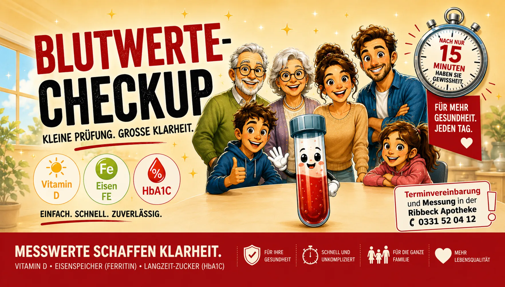 Blutwerte-Checkup: Messwerte schaffen Klarheit – Vitamin D, Eisenspeicher (Ferritin) Messung, Langzeit-Zucker (HbA1C) Bestimmung - NUR in der Ribbeck Apotheke